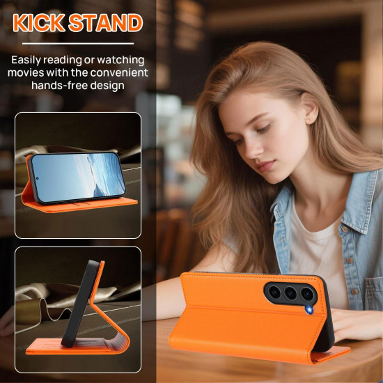 For Samsung Galaxy S23+ 5G Strong Magnetic Dual Butterfly RFID Vegan Leather Phone Case(Orange)