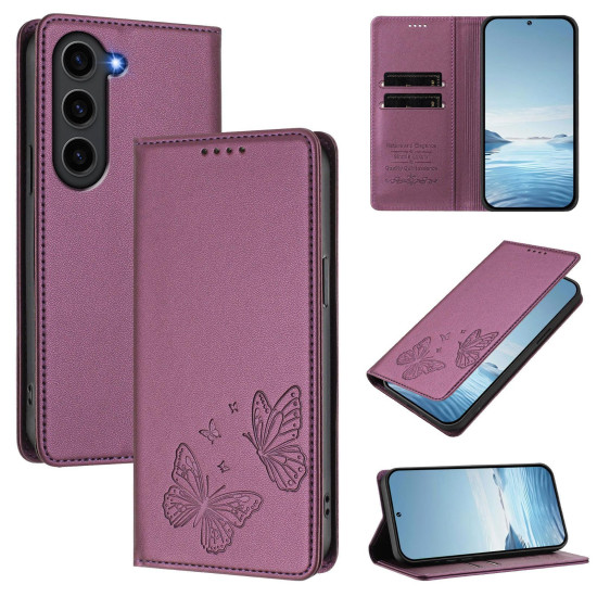 For Samsung Galaxy S23+ 5G Strong Magnetic Dual Butterfly RFID Vegan Leather Phone Case(Violet Purple)