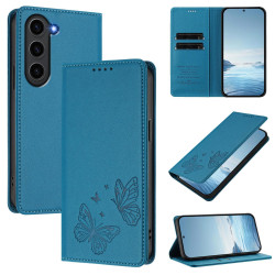 For Samsung Galaxy S23+ 5G Strong Magnetic Dual Butterfly RFID Vegan Leather Phone Case(Lake Blue)