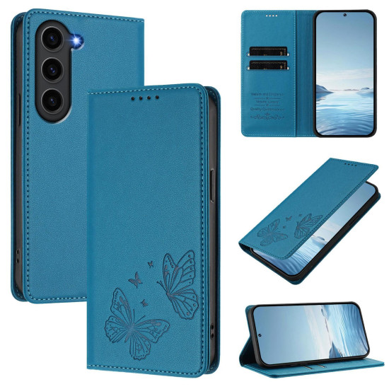 For Samsung Galaxy S23+ 5G Strong Magnetic Dual Butterfly RFID Vegan Leather Phone Case(Lake Blue)