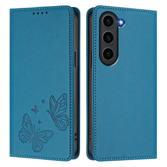For Samsung Galaxy S23+ 5G Strong Magnetic Dual Butterfly RFID Vegan Leather Phone Case(Lake Blue)