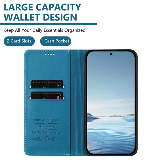 For Samsung Galaxy S23+ 5G Strong Magnetic Dual Butterfly RFID Vegan Leather Phone Case(Lake Blue)