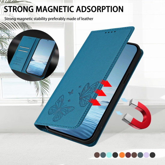 For Samsung Galaxy S23+ 5G Strong Magnetic Dual Butterfly RFID Vegan Leather Phone Case(Lake Blue)