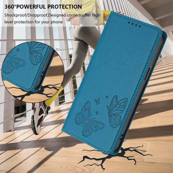 For Samsung Galaxy S23+ 5G Strong Magnetic Dual Butterfly RFID Vegan Leather Phone Case(Lake Blue)