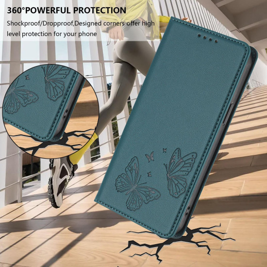 For Samsung Galaxy S23+ 5G Strong Magnetic Dual Butterfly RFID Vegan Leather Phone Case(Peacock Green)