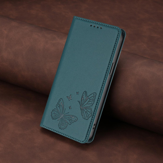 For Samsung Galaxy S23+ 5G Strong Magnetic Dual Butterfly RFID Vegan Leather Phone Case(Peacock Green)