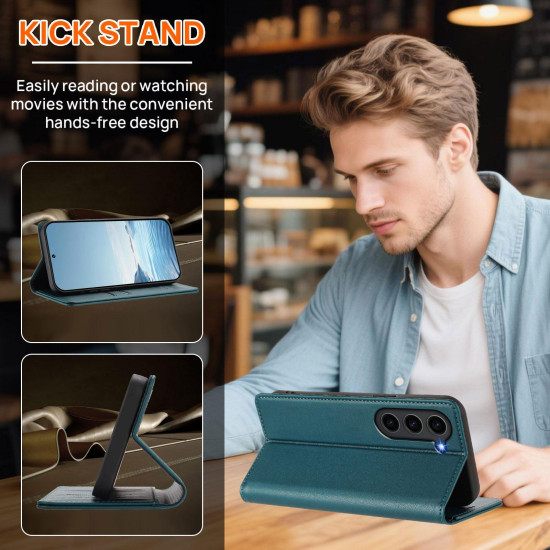 For Samsung Galaxy S23+ 5G Strong Magnetic Dual Butterfly RFID Vegan Leather Phone Case(Peacock Green)