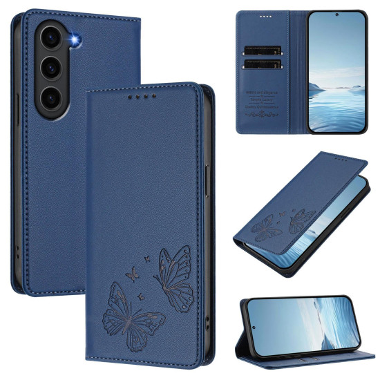 For Samsung Galaxy S23+ 5G Strong Magnetic Dual Butterfly RFID Vegan Leather Phone Case(Dark Blue)