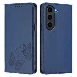 For Samsung Galaxy S23+ 5G Strong Magnetic Dual Butterfly RFID Vegan Leather Phone Case(Dark Blue)