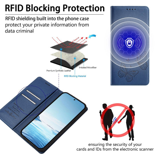 For Samsung Galaxy S23+ 5G Strong Magnetic Dual Butterfly RFID Vegan Leather Phone Case(Dark Blue)