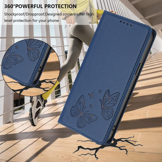 For Samsung Galaxy S23+ 5G Strong Magnetic Dual Butterfly RFID Vegan Leather Phone Case(Dark Blue)