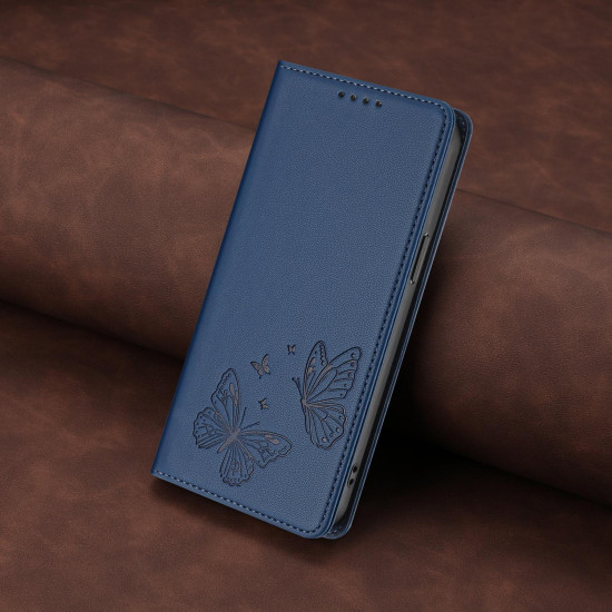 For Samsung Galaxy S23+ 5G Strong Magnetic Dual Butterfly RFID Vegan Leather Phone Case(Dark Blue)