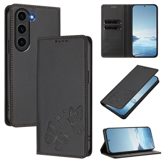 For Samsung Galaxy S23+ 5G Strong Magnetic Dual Butterfly RFID Vegan Leather Phone Case(Black)