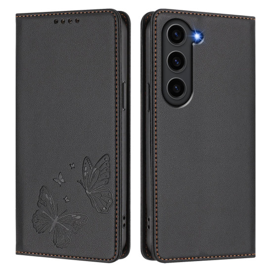 For Samsung Galaxy S23+ 5G Strong Magnetic Dual Butterfly RFID Vegan Leather Phone Case(Black)