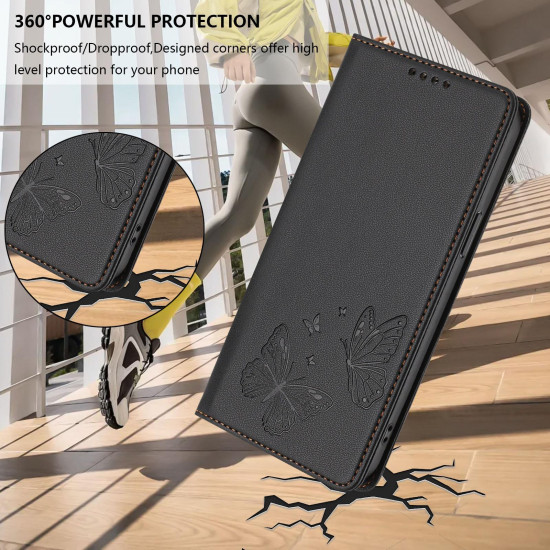 For Samsung Galaxy S23+ 5G Strong Magnetic Dual Butterfly RFID Vegan Leather Phone Case(Black)