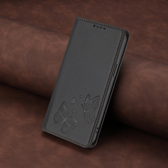 For Samsung Galaxy S23+ 5G Strong Magnetic Dual Butterfly RFID Vegan Leather Phone Case(Black)