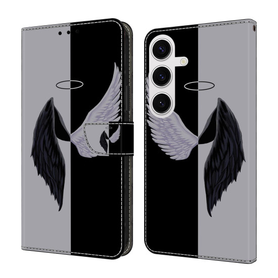 For Samsung Galaxy S24+ 5G Crystal-Like Painted Vegan Leather Phone Case(Black White Wings)
