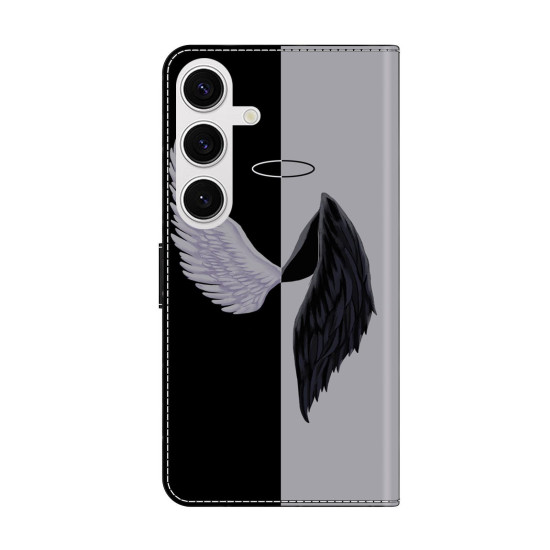 For Samsung Galaxy S24+ 5G Crystal-Like Painted Vegan Leather Phone Case(Black White Wings)