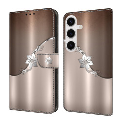 For Samsung Galaxy S24+ 5G Crystal-Like Painted Vegan Leather Phone Case(Silver Flowers)