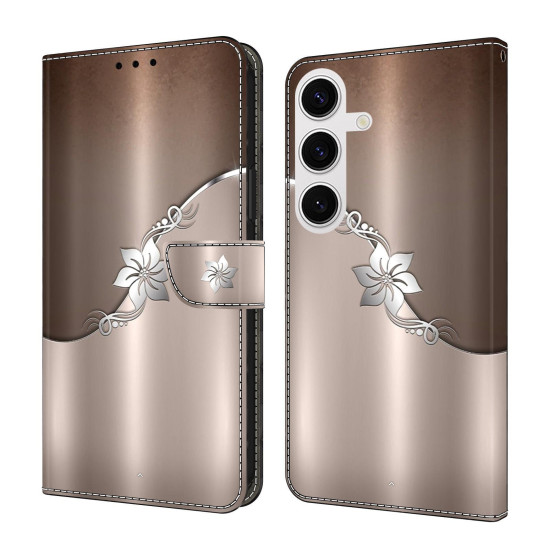 For Samsung Galaxy S24+ 5G Crystal-Like Painted Vegan Leather Phone Case(Silver Flowers)