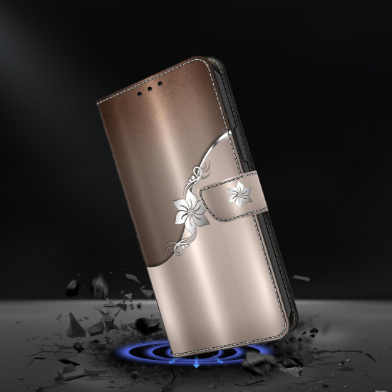 For Samsung Galaxy S24+ 5G Crystal-Like Painted Vegan Leather Phone Case(Silver Flowers)