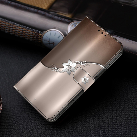 For Samsung Galaxy S24+ 5G Crystal-Like Painted Vegan Leather Phone Case(Silver Flowers)