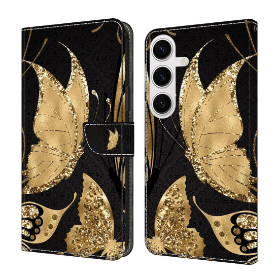 For Samsung Galaxy S24+ 5G Crystal-Like Painted Vegan Leather Phone Case(Golden Butterfly)