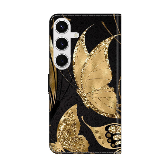 For Samsung Galaxy S24+ 5G Crystal-Like Painted Vegan Leather Phone Case(Golden Butterfly)