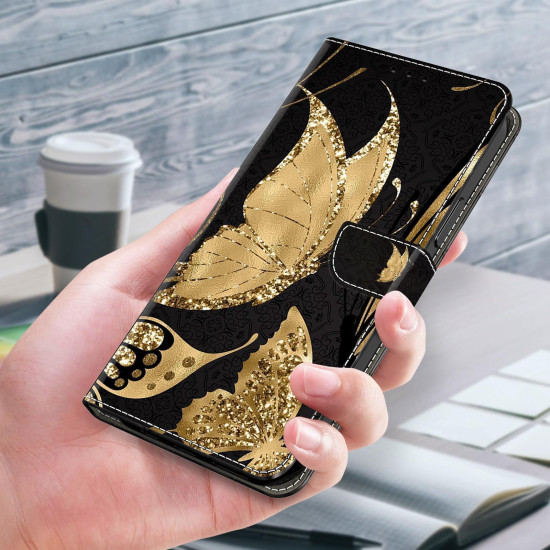For Samsung Galaxy S24+ 5G Crystal-Like Painted Vegan Leather Phone Case(Golden Butterfly)