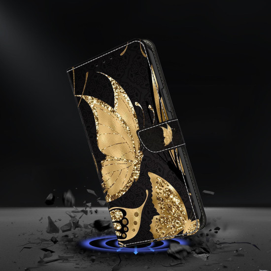 For Samsung Galaxy S24+ 5G Crystal-Like Painted Vegan Leather Phone Case(Golden Butterfly)