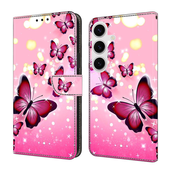 For Samsung Galaxy S24+ / S25+ 5G Crystal-Like Painted Vegan Leather Phone Case(Pink Butterfly)