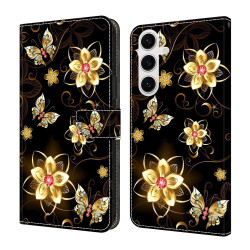 For Samsung Galaxy S24+ 5G Crystal-Like Painted Vegan Leather Phone Case(Gold Flower Gold Butterfly)