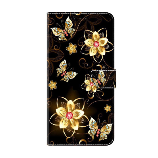 For Samsung Galaxy S24+ 5G Crystal-Like Painted Vegan Leather Phone Case(Gold Flower Gold Butterfly)