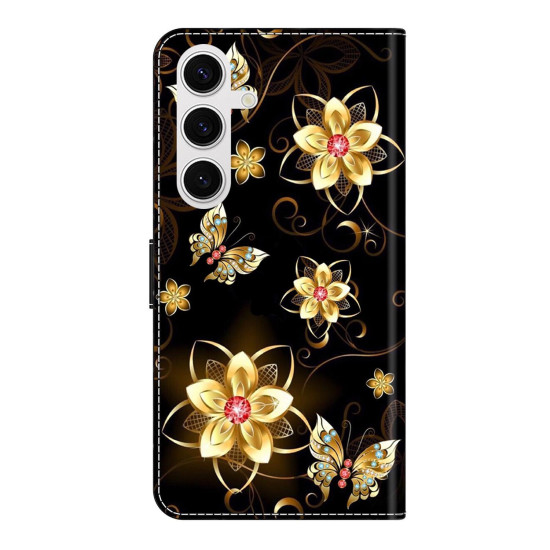 For Samsung Galaxy S24+ 5G Crystal-Like Painted Vegan Leather Phone Case(Gold Flower Gold Butterfly)