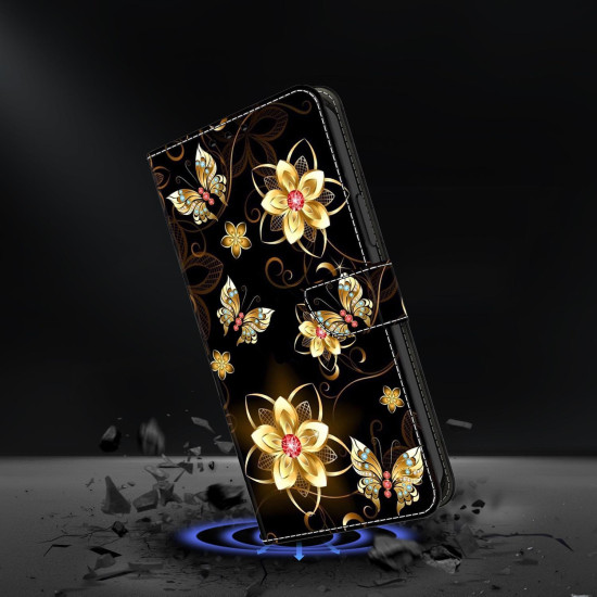 For Samsung Galaxy S24+ 5G Crystal-Like Painted Vegan Leather Phone Case(Gold Flower Gold Butterfly)