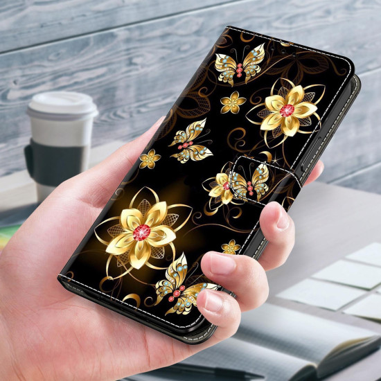For Samsung Galaxy S24+ 5G Crystal-Like Painted Vegan Leather Phone Case(Gold Flower Gold Butterfly)