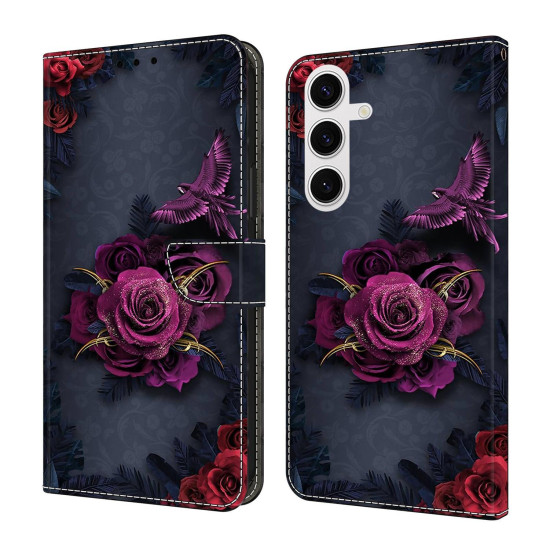For Samsung Galaxy S24+ 5G Crystal-Like Painted Vegan Leather Phone Case(Red Purple Flowers)