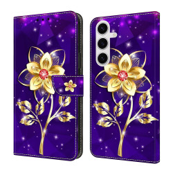For Samsung Galaxy S24+ 5G Crystal-Like Painted Vegan Leather Phone Case(Gold Flower On Purple)