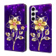 For Samsung Galaxy S24+ 5G Crystal-Like Painted Vegan Leather Phone Case(Gold Flower On Purple)