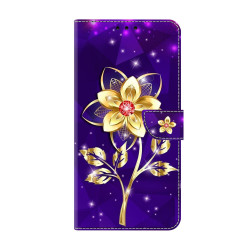 For Samsung Galaxy S24+ 5G Crystal-Like Painted Vegan Leather Phone Case(Gold Flower On Purple)