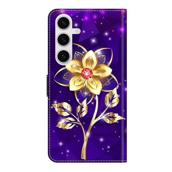 For Samsung Galaxy S24+ 5G Crystal-Like Painted Vegan Leather Phone Case(Gold Flower On Purple)