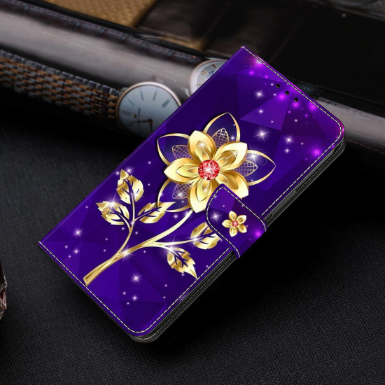 For Samsung Galaxy S24+ 5G Crystal-Like Painted Vegan Leather Phone Case(Gold Flower On Purple)