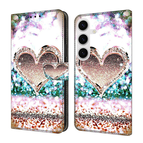 For Samsung Galaxy S24+ 5G Crystal-Like Painted Vegan Leather Phone Case(Pink Diamond Heart Peach)