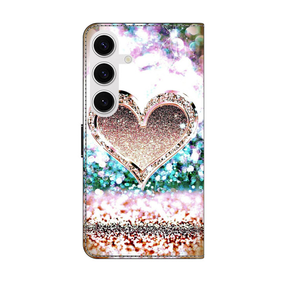 For Samsung Galaxy S24+ 5G Crystal-Like Painted Vegan Leather Phone Case(Pink Diamond Heart Peach)