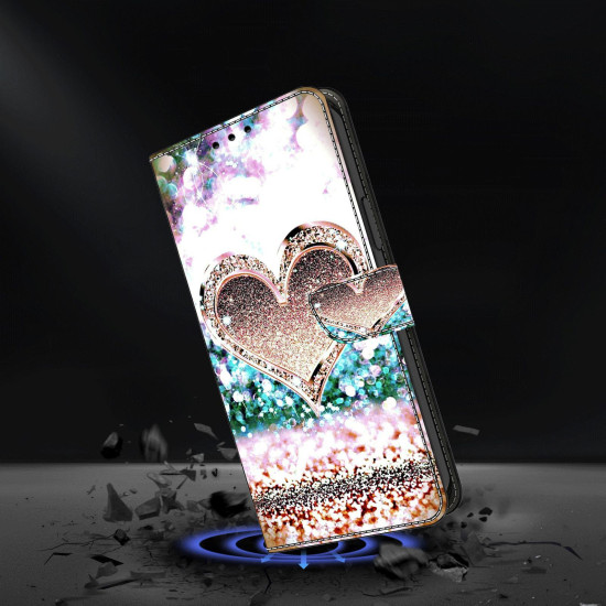 For Samsung Galaxy S24+ 5G Crystal-Like Painted Vegan Leather Phone Case(Pink Diamond Heart Peach)