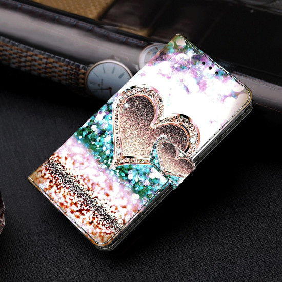For Samsung Galaxy S24+ 5G Crystal-Like Painted Vegan Leather Phone Case(Pink Diamond Heart Peach)