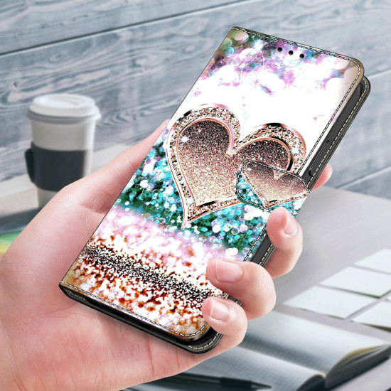 For Samsung Galaxy S24+ 5G Crystal-Like Painted Vegan Leather Phone Case(Pink Diamond Heart Peach)