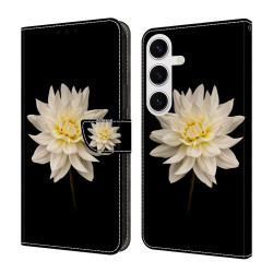 For Samsung Galaxy S24+ 5G Crystal-Like Painted Vegan Leather Phone Case(Black Background White Flowers)