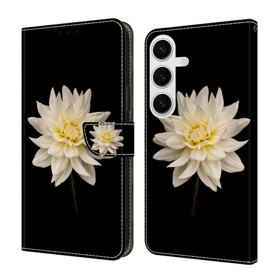 For Samsung Galaxy S24+ 5G Crystal-Like Painted Vegan Leather Phone Case(Black Background White Flowers)