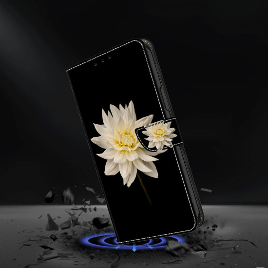 For Samsung Galaxy S24+ 5G Crystal-Like Painted Vegan Leather Phone Case(Black Background White Flowers)